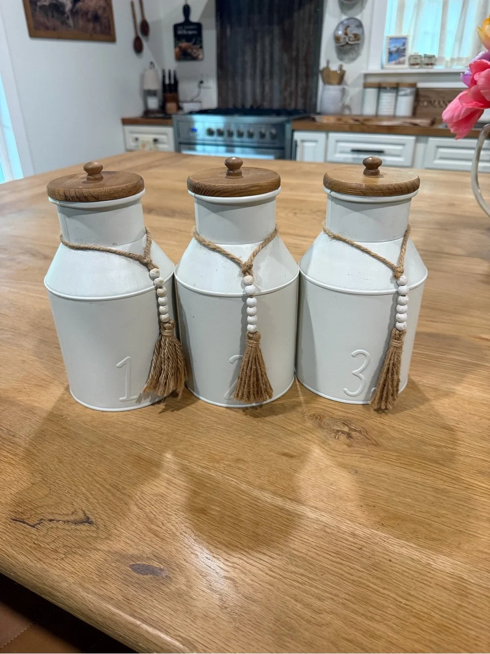 Set of 3 White Farmhouse Canisters with Wood Lids